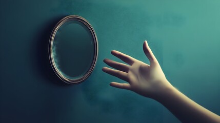 Poster - Reaching Through the Dimensional Mirror A Conceptual Image Depicting a Hand Emerging from a Reflective Surface Symbolizing the of Identity Transformation and the Expansive Realms of the Imagination