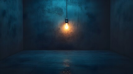 Poster - Conceptual image of a single light bulb glowing in a dark empty room offering a sense of endless possibilities with ample copy space for text overlay