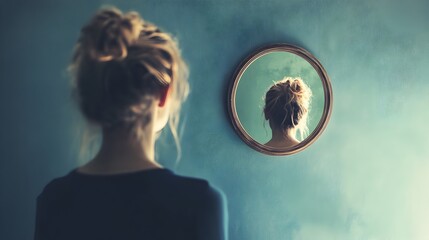 Poster - Reflective Mirror Reveals Unexpected Alter Ego in Conceptual Surreal Portrait   A captivating and thought provoking image that explores the duality of identity and the transformative power of