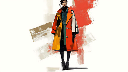 A woman in a colorful coat stands against a background of abstract brushstrokes.