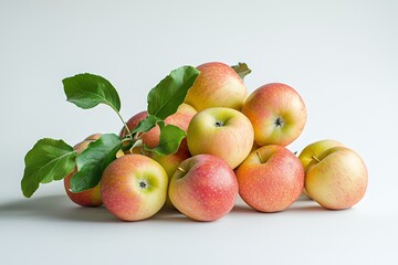 Wall Mural - A pile of fresh apples with green leaves on a light background.