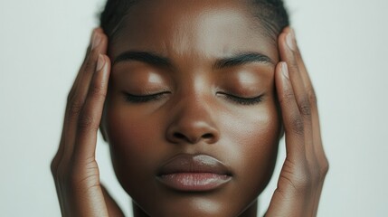 Aufkleber - This individual reflects tension and anxiety, with her eyes shut and hands placed on her head in a serene indoor environment. Generative AI