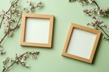 Wall art empty picture frame mockup on wooden desk, wall, table. Vase with olive branches, cactus. Elegant working space, home office concept.