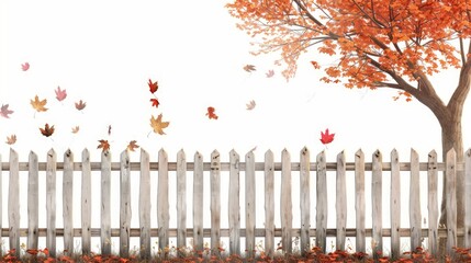 Wooden fences, fallen autumn leaves and a tree on a white background. Autumn themed banner background