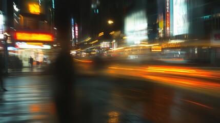 Poster - A blurred city scene at night, showcasing lights and movement in an urban environment.