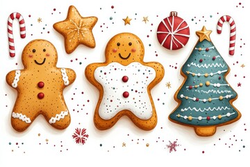 Wall Mural - Deliciously decorated Christmas cookies shaped like stars, trees, and gingerbread men with festive sprinkles and candy canes arranged on a flat surface.