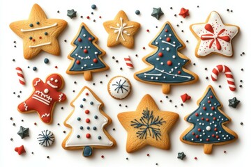 Wall Mural - Deliciously decorated Christmas cookies shaped like stars, trees, and gingerbread men with festive sprinkles and candy canes arranged on a flat surface.