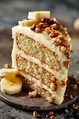 Deliciously layered banana nut cake topped with cream cheese frosting and chopped nuts on a rustic wooden board