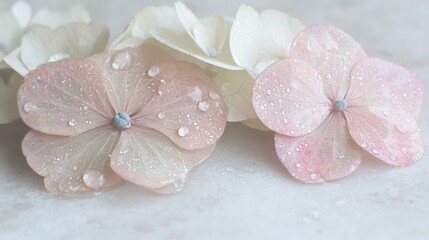   Three pink and white flowers with water droplets on their petals sit atop a white marble surface, surrounded by more water droplets