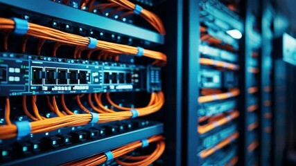 Closeup video of networking cable in the server room, server rack with fiber optic cables

