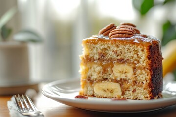 Close-up slice of delicious cake with caramel banana chocolate sauce on white plate in kitchen, food photography