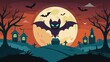 © ezra - Spooky Halloween Night: Dark silhouette of a pumpkin with bats against a full moon, perfect for your autumn holiday design