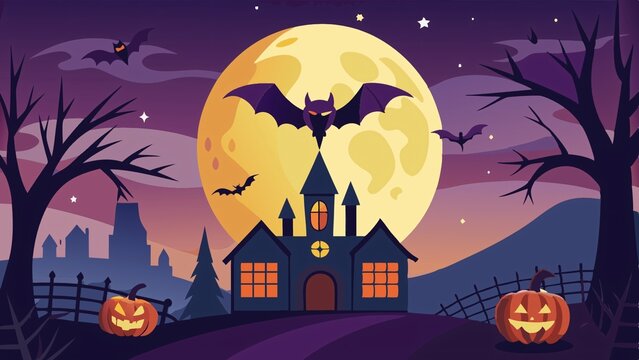 Spooky Halloween night silhouette of haunted castle and house with bats and pumpkin under the dark moon