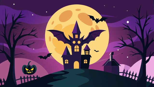 Halloween Night House Castle Bat Haunted Holiday Dark Pumpkin Horror Vector Silhouette Autumn Tree Illustration Scary Spooky Cartoon Bats Cemetery Black October Art Celebration