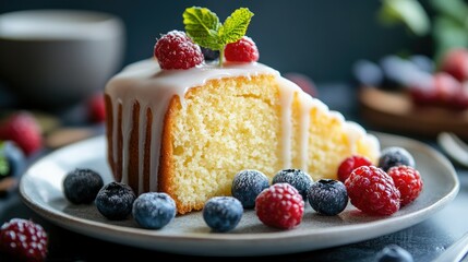 Wall Mural - Close-up of a slice of butter vanilla cake with a drizzle of glaze and fresh berries, served for breakfast.