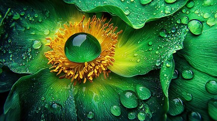   Green flower with water droplets on petals and center