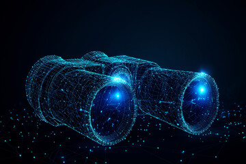 Wall Mural - Abstract blue digital technology binoculars made of lines and dots on a dark background,	