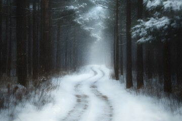 Wall Mural - A narrow forest path blanketed in snow, with tall pine trees on either side. The blur effect softens the edges of the trees and snow, creating a dreamy