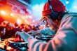 © LazysAI - DJ performing live at a vibrant nightclub, creating an energetic atmosphere with colorful lights and music. Nightlife entertainment scene.