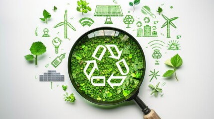 A magnifying glass highlighting a recycling symbol surrounded by green elements and icons.