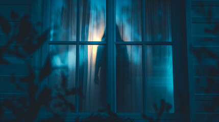 Silhouette of Ghost in Bedroom Window at Night.