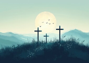 Wall Mural - Surrealistic Easter illustration featuring three crosses atop a hill, bathed in soft light under a misty sky at dawn.