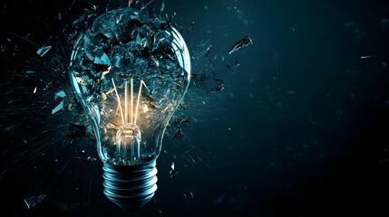 Poster - Conceptual image depicting a shattered light bulb with glowing fragmented shards against a dark background representing the concept of innovation creativity and new ideas