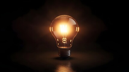 Poster - Conceptual image of a single glowing light bulb emitting a soft warm light in the midst of darkness symbolizing the spark of an idea innovation