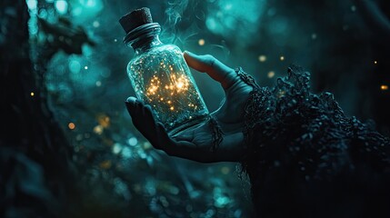 A close-up of a witch's hand holding a glowing potion bottle, with a dark, enchanted forest background, hinting at magical spells.