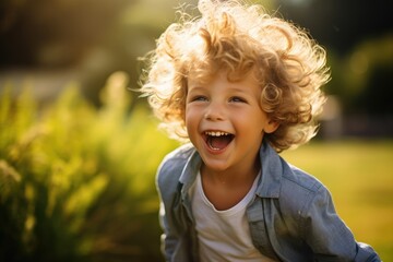 Smiling boy with curly hair in a green shirt outdoors. Portrait of caucasian happy child walking and smiling surrounded with green and nature. Photography for lifestyle and childhood design. AIG51.