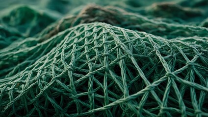 Fishing Net Detail Close-up of a fishing net against a soft green background, highlighting texture and pattern