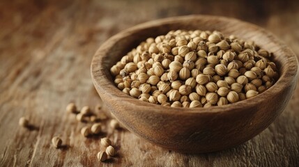 Dried coriander seeds in a small bowl on a wooden table, with a close-up focus. Earthy tones and textures ideal for food photography.