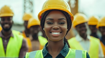 Poster - On the construction site, a female construction worker wears protective gear and smiles
