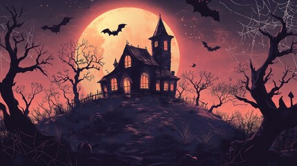 Wall Mural - A Halloween themed image of a house with bats flying around it