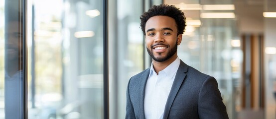 Poster - An African American manager holds a tablet while using an app for business in an office building corridor and smiles