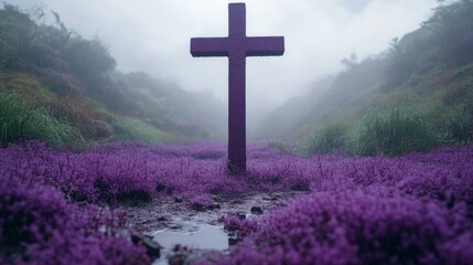 Wall Mural - A simple cross on a hill surrounded by swirling purple and blue smoke, symbolizing sacrificial love and spiritual reflection at dusk.