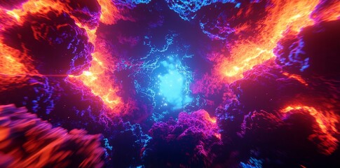 Aufkleber - Space background for event, party, carnival, celebration, anniversary or other event. Blue and purple neon glow colors. Speed of light in galaxy. Explosion in universe. 3D rendering.