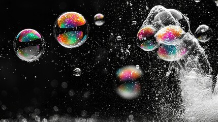 Wall Mural -   Black-and-white photo of soap bubbles emerging from a water faucet with rainbow-colored bubbles