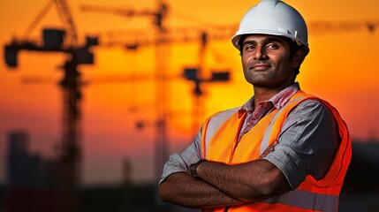 Poster - On a city construction site, a construction engineer is wearing an engineering uniform
