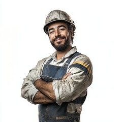 Poster - Young foreman with crossed hands poses with yellow helmet and blue uniform in front of transparent background, smiling