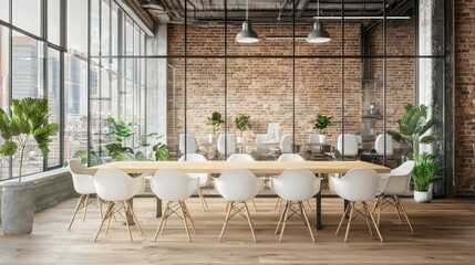 Fototapete - The work area in the modern office interior design decorating it with wooden laminate and wooden loose furniture has a modern and creative design.