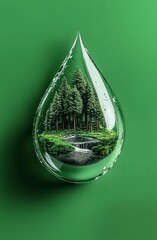 Poster - With a green ecology background, a nature image is reflected in a water drop.