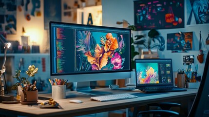 Fototapete - An artist's workspace with a graphic tablet and color swatches
