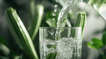 Fresh Water Being Poured Into Clear Glass Amidst Greenery