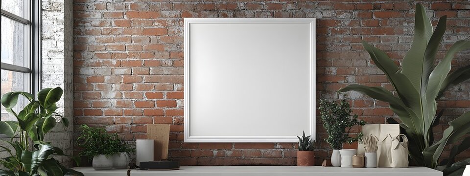 3D rendering of a simple white picture frame mockup displayed in a warm cozy farmhouse inspired living room setting with exposed brick walls and natural earthy toned accessories