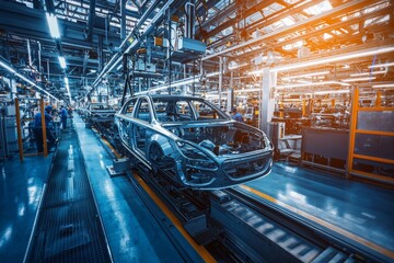 Poster - The futuristic industrial setting features high-tech machinery, robotic automation, mechanical assembly, and automotive manufacturing equipment.