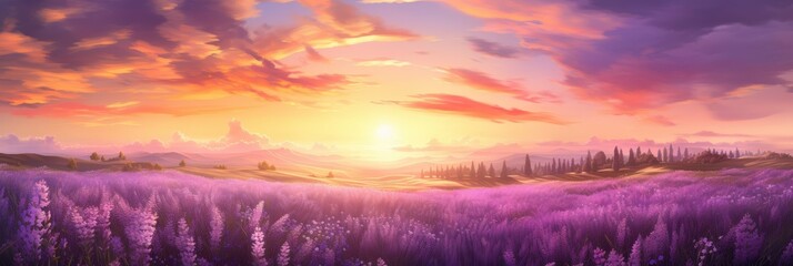 Canvas Print - Sunset over Lavender Fields