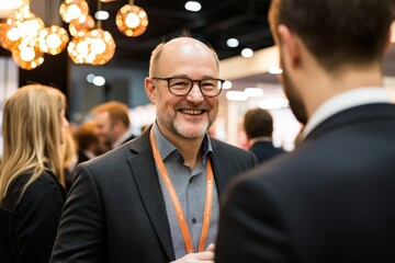 Poster - An up-close picture of an enthusiastic group of employees at a trade show exhibition event listening to a startup business owner.