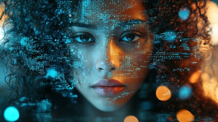 Poster - Image of an AI cyber security threat, black african-american female IT specialist analysing data, augmented reality stock collage, side profile, and copy space