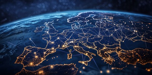 Poster - A map of Western Europe, the concept of European global connectivity, data exchange and cyber technology, and the exchange of information and telecommunications